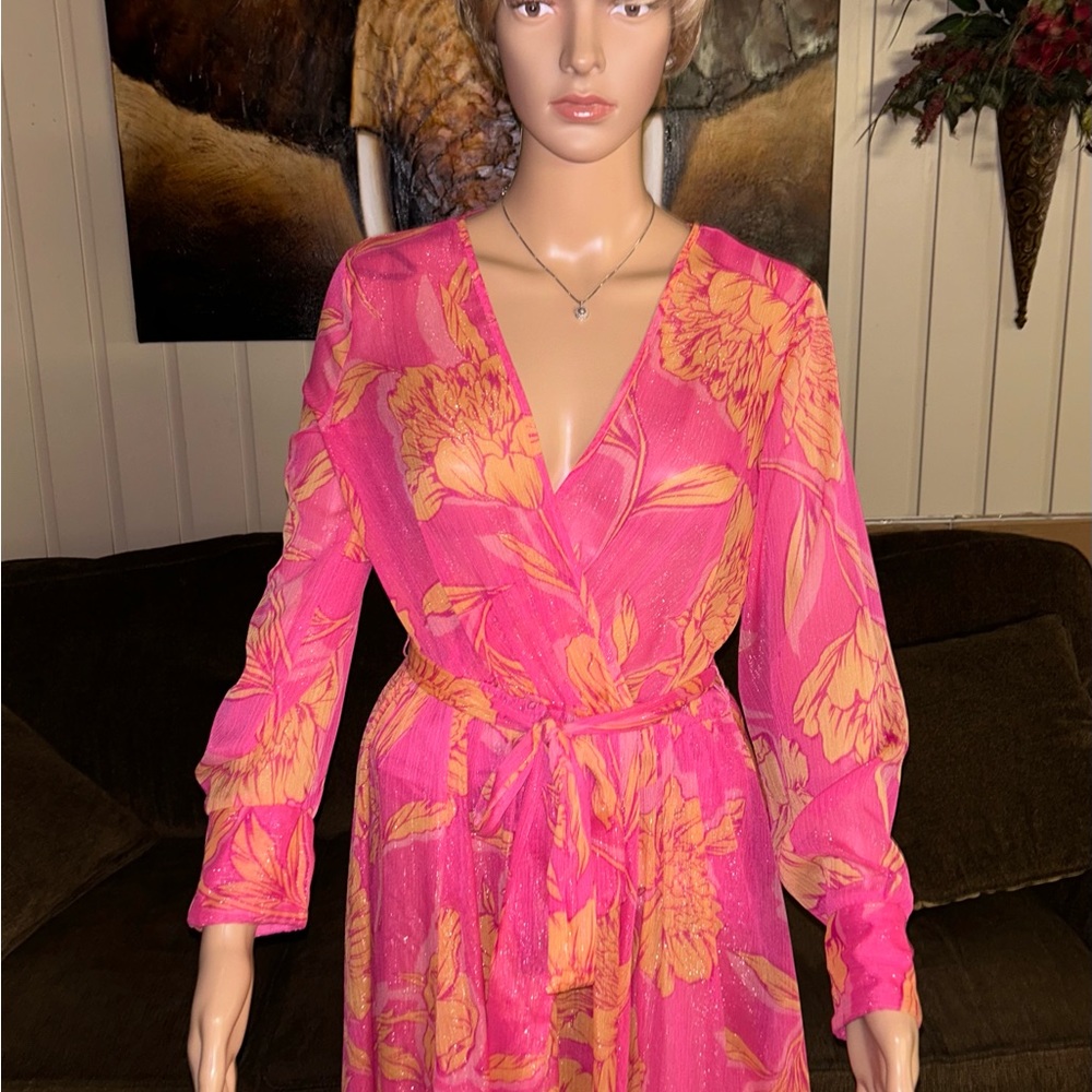 Alexa B Nites ~ Size 8 ~ Pink/Orange ~ Floral ~ Silver Metallic Thread ~ Dress - Picture 5 of 14